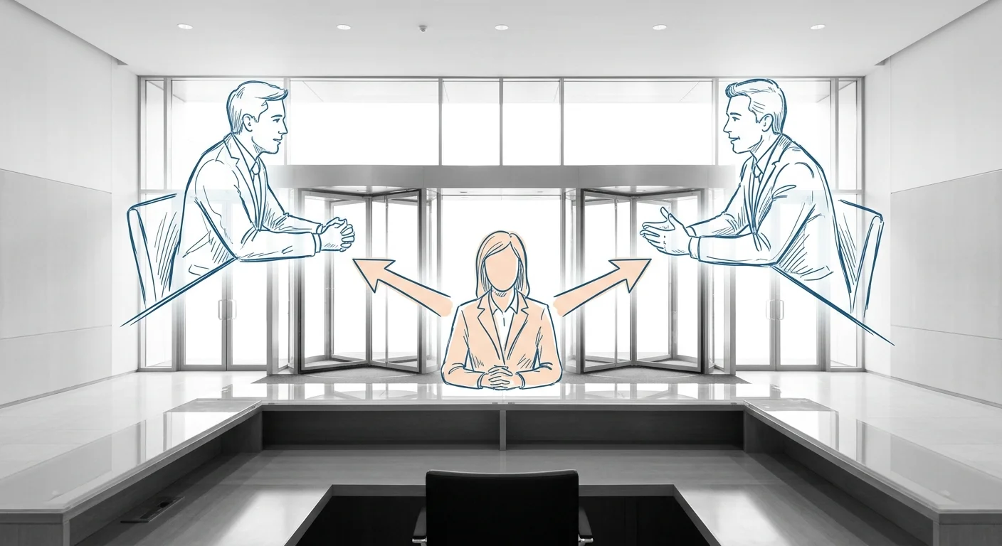 Dual agency broker connected by arrows to both landlord and tenant across negotiating table