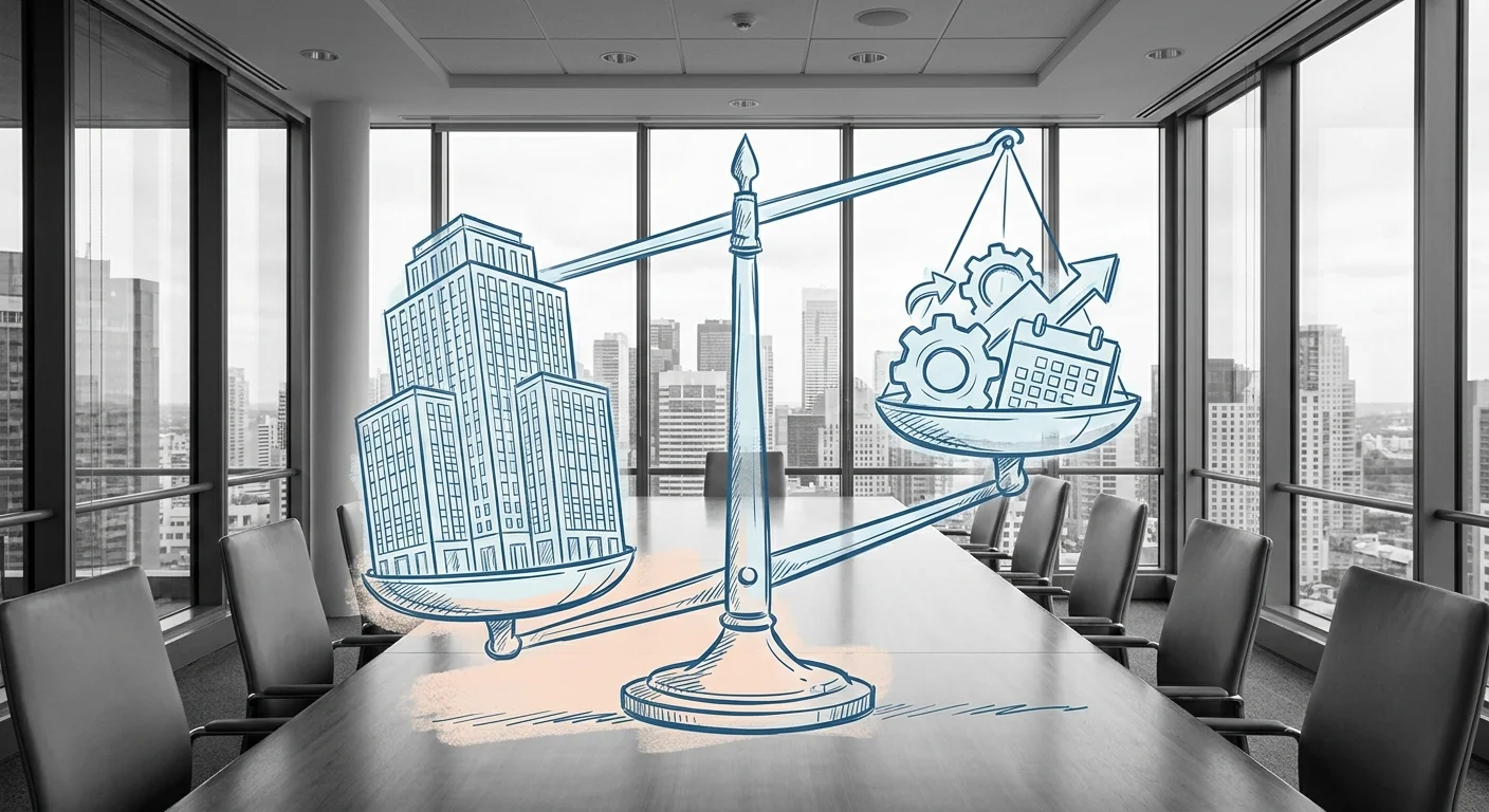 Balance scale weighing commercial property purchase against operating capital reserves