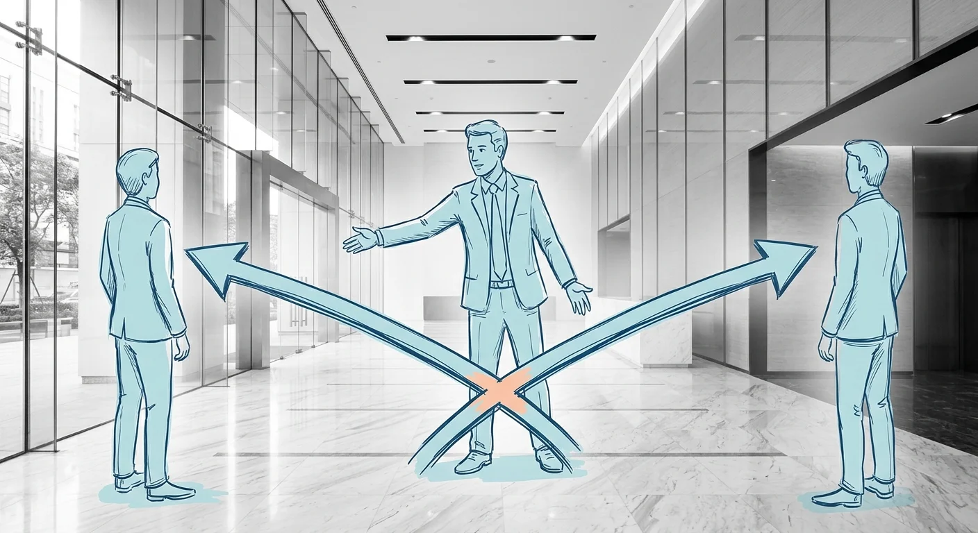 dual agency broker connected to both tenant and landlord with conflicting arrows