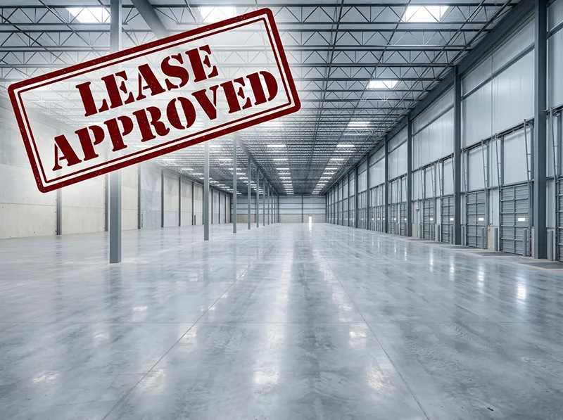 An industrial warehouse interior stamped Lease Approved, for a lease negotiated by Peninsula Commercial Real Estate Group