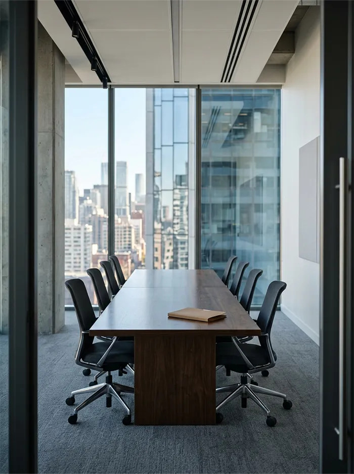 Commercial office conference room with a city view