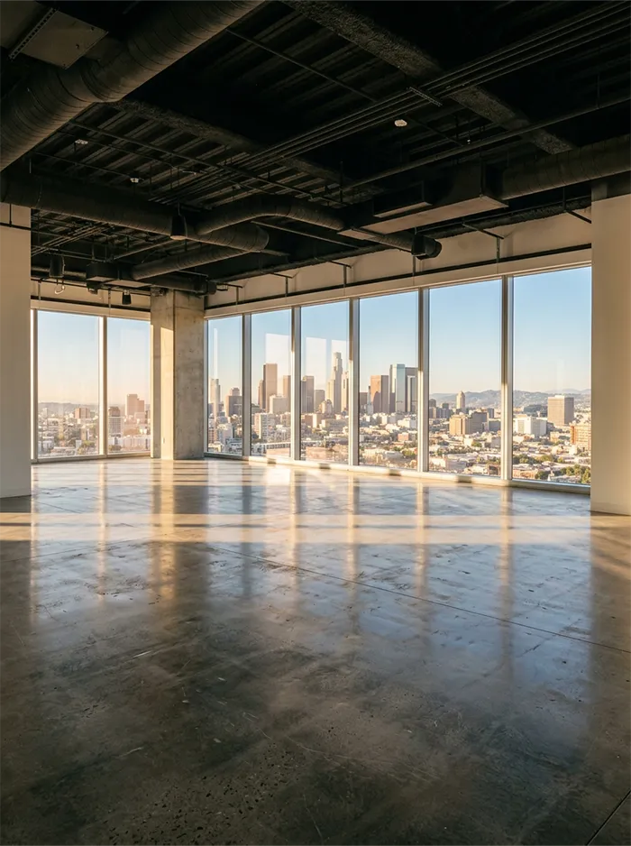 Empty office floor in Los Angeles with a skyline view
